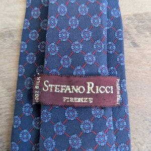Stefano Ricci Navy Blue Silk Tie with Red and Light Blue Geometric Motif